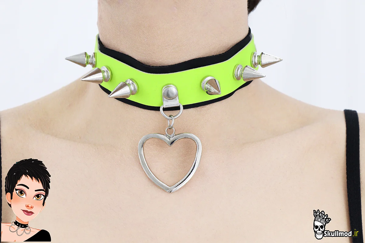 چوکر دو رنگ زرد - مشکی اسپایکی با آویز قلب بزرگ گاتیک