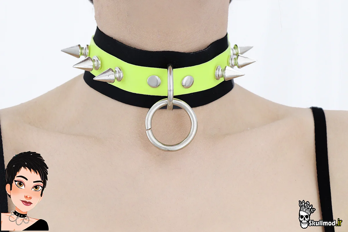چوکر اسلات اسپایکی دو رنگ زرد - مشکی با آویز حلقه گرانج