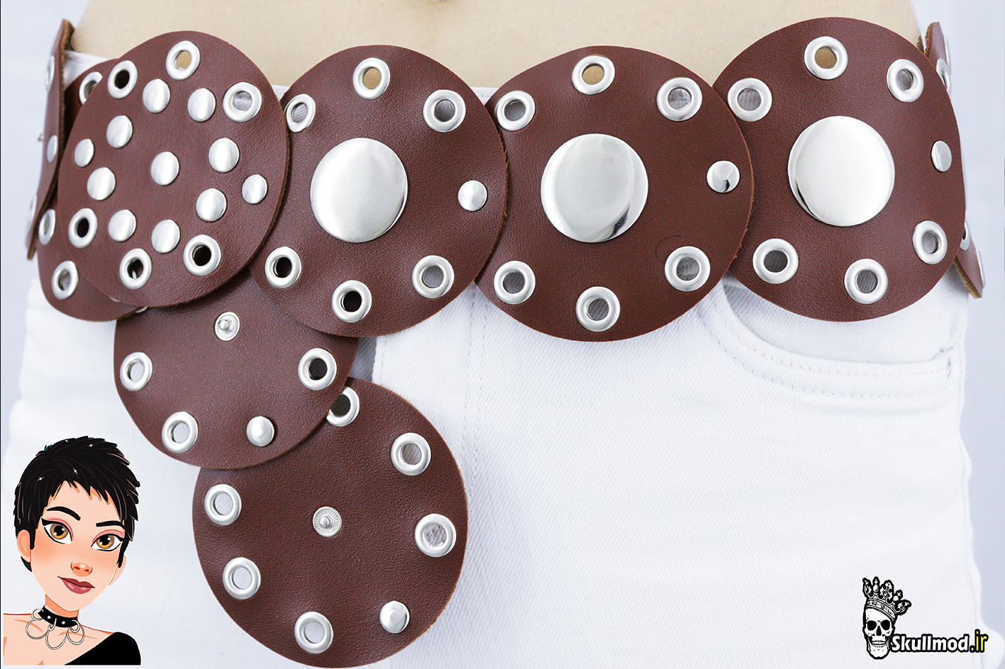 کمربند دیسکی داریره ای کابوی پولکی (قهوه ای روشن) -عرض ۸cm