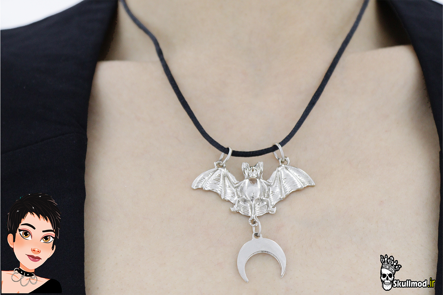 گردنبند بندی گوتیک خفاش با آویز ماه کوچک